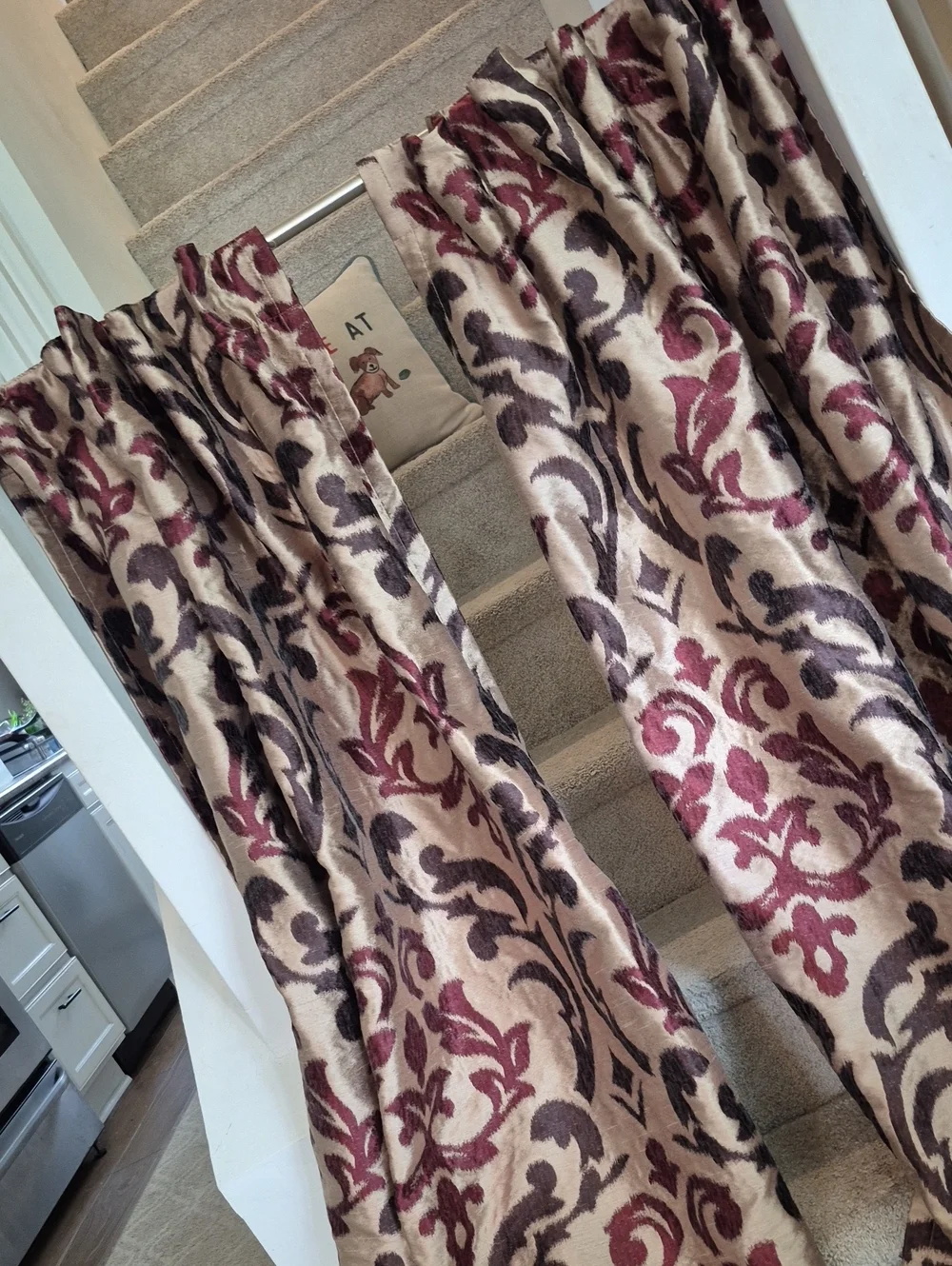 Decorative Damask Curtain Panel Pair in Cream, Burgundy & Brown 48x60 (96x60)